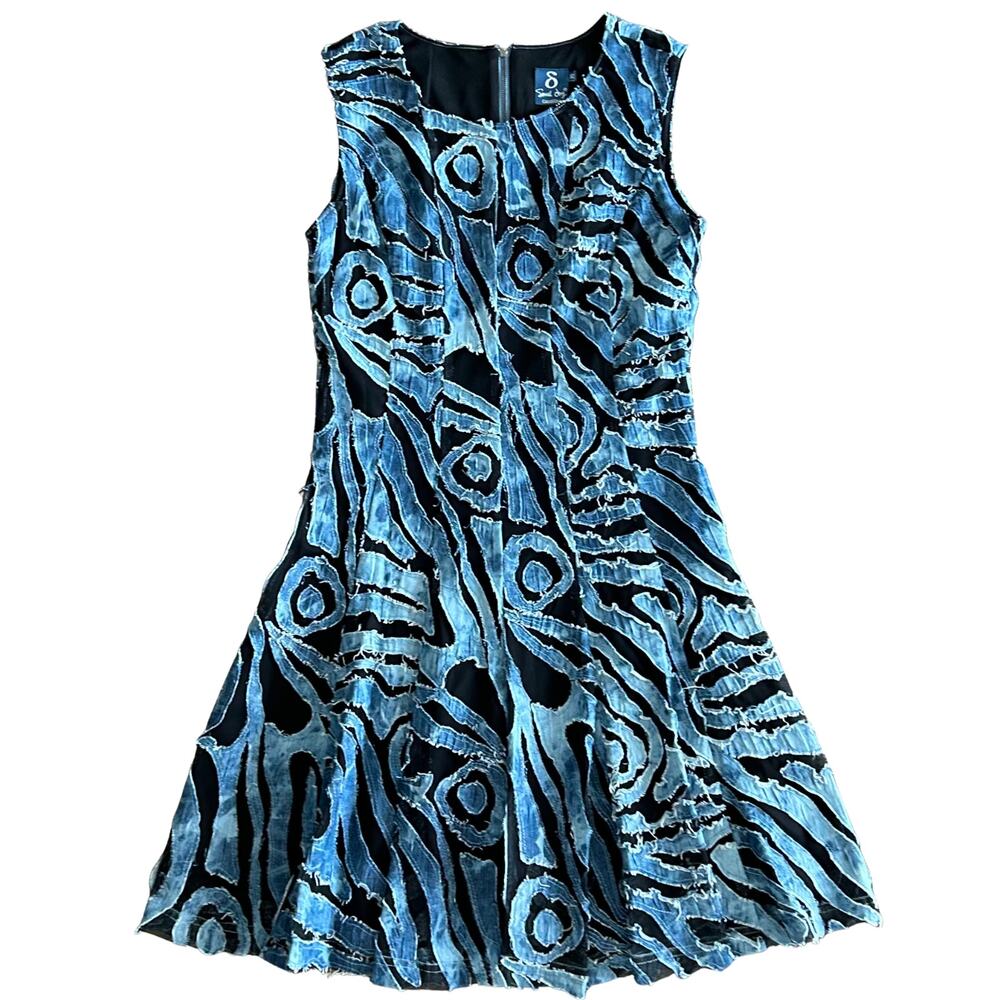Samuel Dong Denim Mesh Dress Laser Cut Raw Edge Fit Flare Art Wear Spring 2016